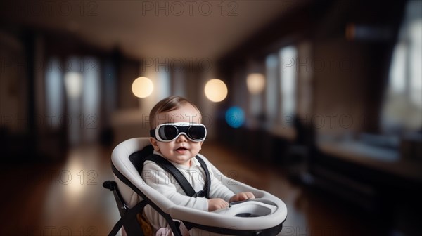 Baby in a stroller wearing VR glasses, a gadget for baby relaxation, AI generated