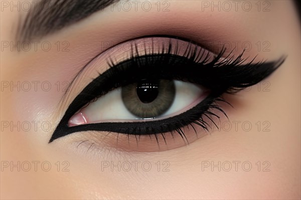 Close up of woman's eye makeup with thick black winged eyeliner and glamourous dark eyeshadow. KI generiert, generiert AI generated
