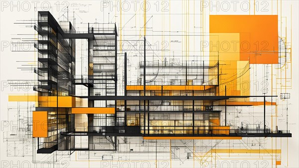 Contemporary architectural concept with a stark orange and black color scheme, horizontal aspect ratio, off white background, AI generated