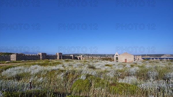 Expansive landscape with ruins and dense green grass under a bright blue sky, Methoni sea fortress, Peloponnese, Greece, Europe