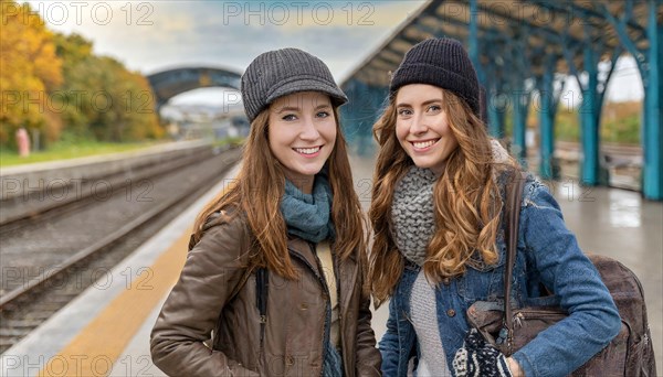 AI generated, Two young blonde woman want to travel and wait in the station for the train, 18, blond, blonde, modern, modern, suitcase, handbag, leather jacket, white, sneakers, shoes, sexy, attractive, attractive, long-haired, transport, traffic