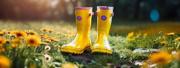 Yellow rubber boots among daisies on wet ground, suggestive of a sunny day after rain, Spring garden background illustration, generated ai, AI generated
