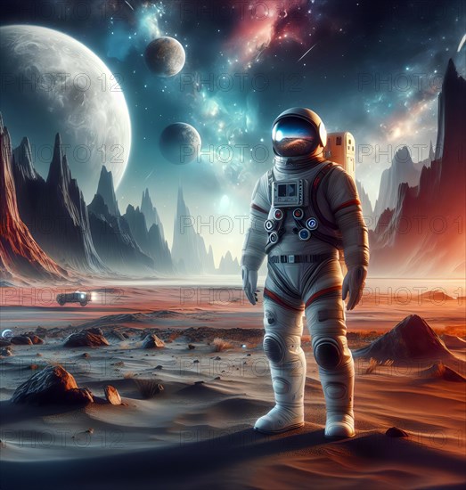 An astronaut stands in the fascinating alien landscape of an alien planet with several moons, symbolic image science fiction, space travel, space, space, AI generated, AI generated