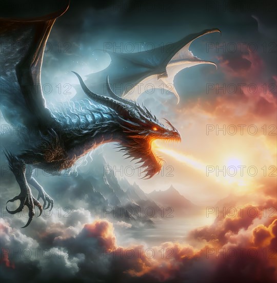 A fire-breathing dragon flies in the sky, symbolic image fantasy, fantasy, fairy tale, myth, fictional, AI generated, AI generated