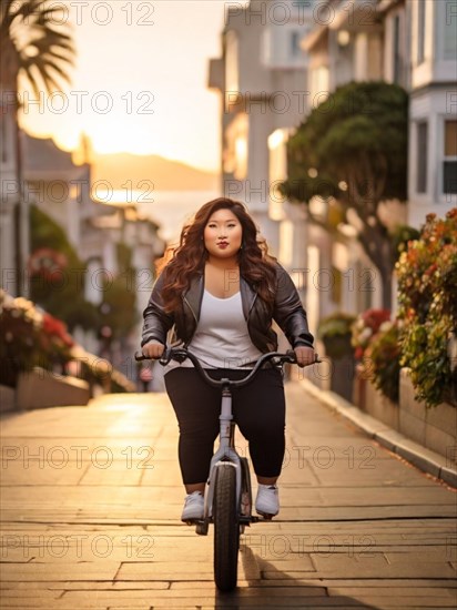 Plus size young asian Woman in a leather jacket cycles through the city at sunset, showcasing casual fashion, San Francisco, Lombard area, AI Generated, AI generated