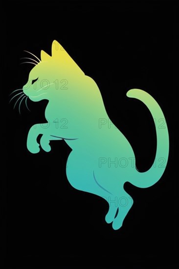 Simple art of a cat's jumping silhouette with a gradient from green to teal, minimalist vintage design muted faded, bright background, AI Generated, AI generated