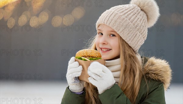 AI generated, human, humans, person, persons, child, children, girl, 10, 12, years, one person, outdoor, ice, snow, winter, seasons, eats, eating, burger, hamburger, cap, bobble hat, gloves, winter jacket, cold, coldness