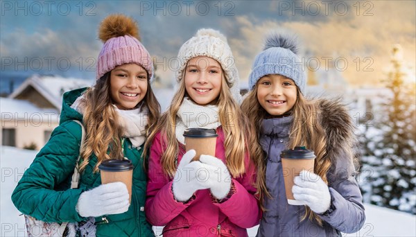 AI generated, human, humans, person, persons, woman, woman, three persons, coffee, coffee mug, coffee to go, outdoor shot, ice, snow, winter, seasons, drinks, drinking, cap, bobble hat, gloves, winter jacket, cold, cold, portrait