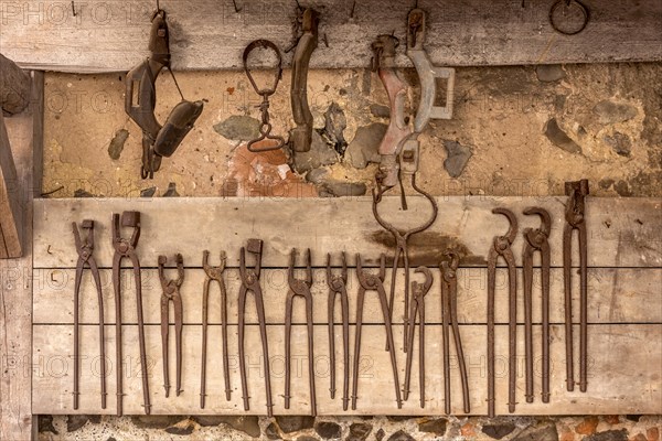 Rusty tongs and tools, blacksmith's forge, blacksmith, inner courtyard, Ronneburg Castle, medieval knight's castle, Ronneburg, Ronneburger Huegelland, Main-Kinzig-Kreis, Hesse, Germany, Europe