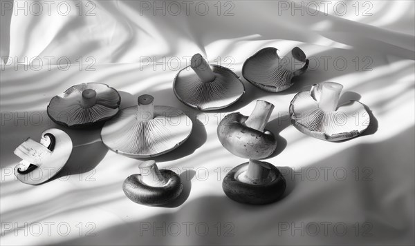 Group of mushrooms on a white background. Black and white photo AI generated