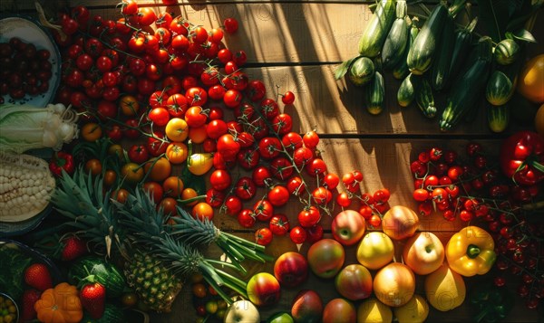 Vegetables on a wooden background. Healthy food concept. Top view. AI generated