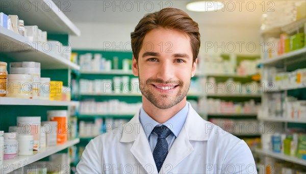 AI generated, A young pharmacist in his pharmacy, portrait, 30, 35, years, man, men, male, bearded, beautiful teeth, smiling, profession, professions, medicines in the background, a person