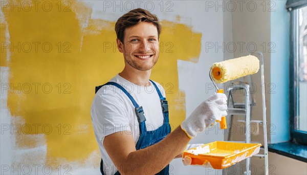 AI generated, man, men, a painter paints a wall with new yellow paint, father, renovation of old flat, paint roller, ladder, yellow, paint, 25, 30, years, a, person, occupation, occupations, leisure activity, family, smiles, smiling, fun at work, laughing, laughing, laughing, friend, partner, man