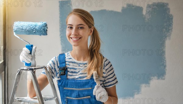 AI generated, woman, woman, a young girl paints a wall with new paint, blue, light blue, blue, light blue, renovation of old flat, paint roller, ladder, paint, 20, 25, years, a, a person, daughter, student, pastime, family, girl, smiles, smiling, fun at work, laughing, laughing, laughing, dungarees, jeans