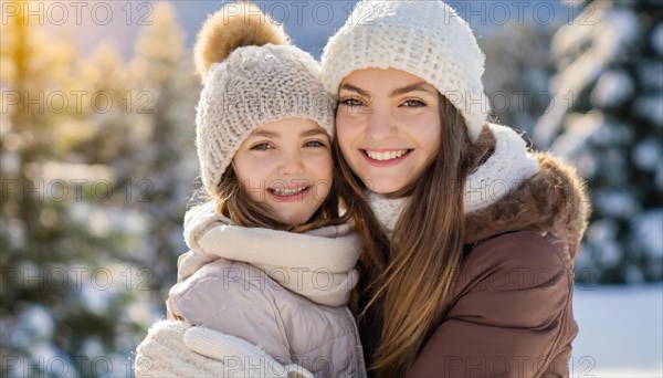 AI generated, human, humans, person, persons, woman, woman, child, children, two persons, mother and daughter hugging, embrace, looking forward to each other, enjoying the snow, laughing, smiling, outdoor shot, ice, snow, winter, seasons, cap, bobble hat, gloves, winter jacket, cold, coldness