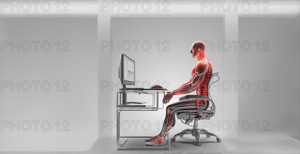 Diseases of the spine when working at a computer, sedentary work, stress on the skeleton and spine AI generated
