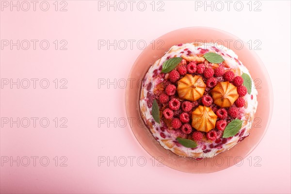 Homemade jelly cake with milk, cookies and raspberry on a pink background. top view. flat lay, copy space