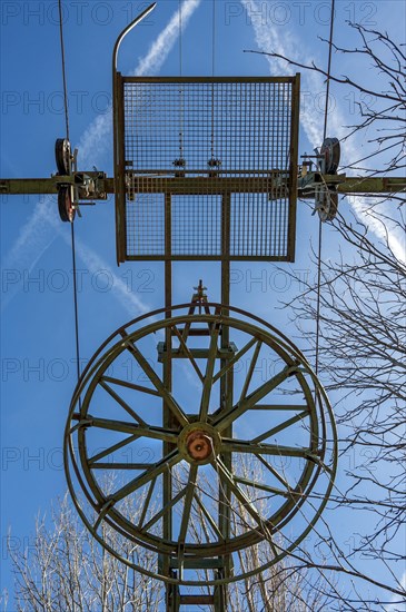 Large wheel on the end mast of a disused ski lift on the Buchenberg, Buchenberg, Allgaeu, Bavaria, Germany, Europe