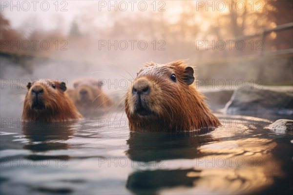 Cute Capybara animal bathing in hot spring. KI generiert, generiert AI generated