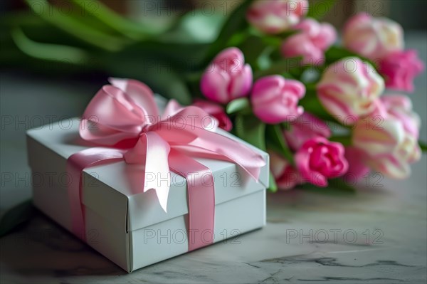 Gift Box with Pink Ribbon Beside bouquet of Fresh Tulips. Background for Valentine day, March 8, mother day, spring holidays, birthday, AI generated