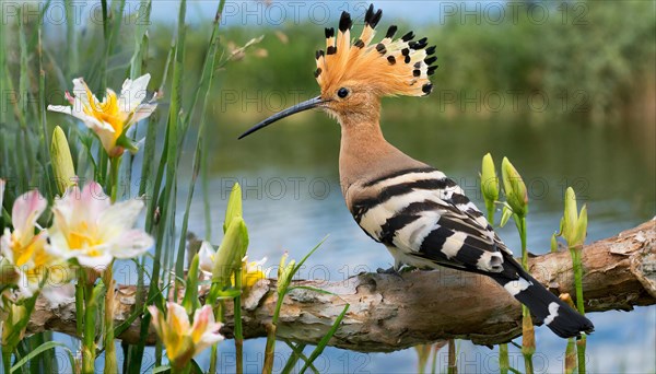 KI generated, animal, animals, bird, birds, biotope, habitat, a, individual, water, reeds, water lilies, blue sky, foraging, wildlife, hoopoe (Upupa epops), treehoppers, summer, flowers