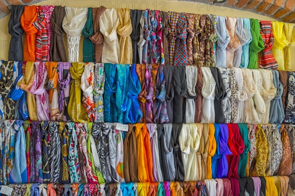 Display of many colourful scarves lined up in a shop, silk scarves, Soufli, Eastern Macedonia and Thrace, Greece, Europe
