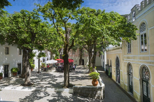 Square with cafe, village square, gastronomy, public square, centre, meeting point, village, village-like, southern European, centre, Monchique, Algarve, Portugal, Europe