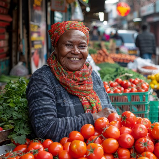 Cheerful woman with a checkered scarf smiling among fresh produce at a market, ai generated, AI generated