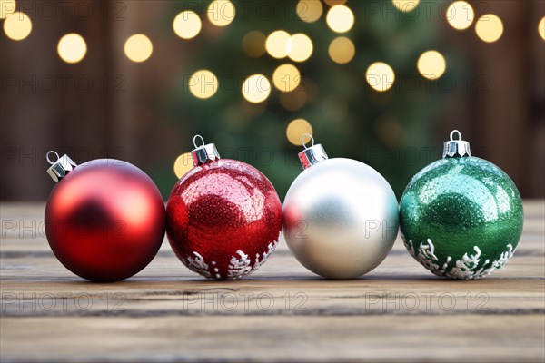 Red, white and green Christmas tree baubles on wooden table with bokeh lights in background. KI generiert, generiert AI generated