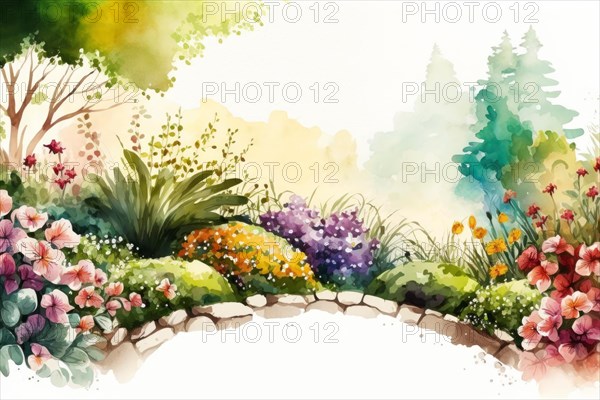 Serene watercolor landscape of a garden with a bridge and pastel-toned flowers, Spring garden background illustration, generated ai, AI generated