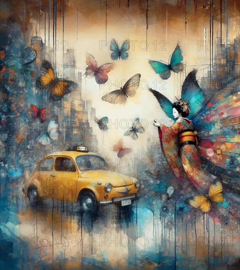 Whimsical scene with a winged woman, butterflies, and a classic yellow car, japanese themed shunga style based, AI Generated, AI generated