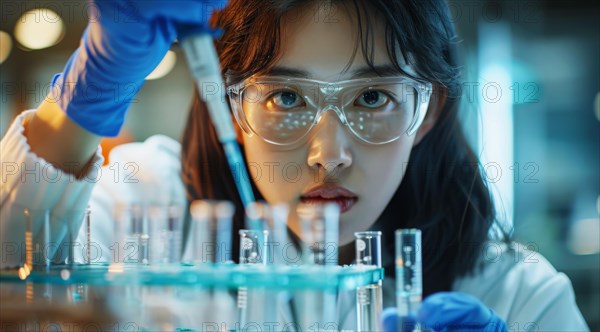 Science professional meticulously working with test tubes and a pipette, ai generated, AI generated