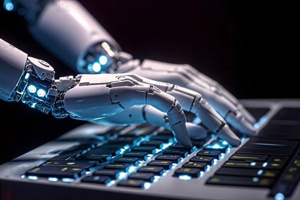 Hands of artificial intelligence robot typing on keyword. Chat and text AI concept. KI generiert, generiert AI generated