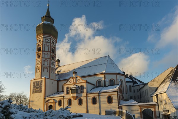 Andechs Monastery in winter, sunset, Fuenfseenland, Pfaffenwinkel, Upper Bavaria, Bavaria, Germany, Europe