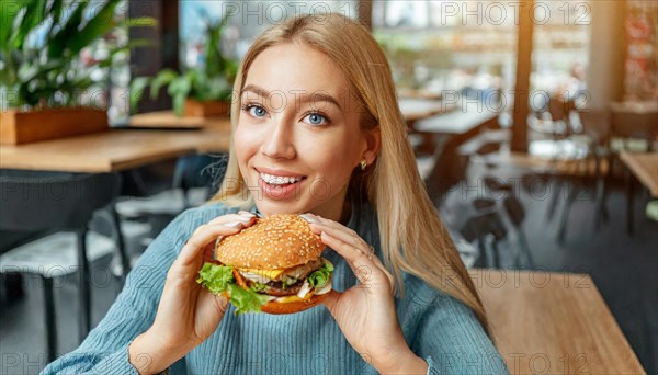 AI generated, human, humans, person, persons, woman, woman, 25, years, sits in restaurant, a person, seasons, eats, eating, burger, hamburger, snack bar