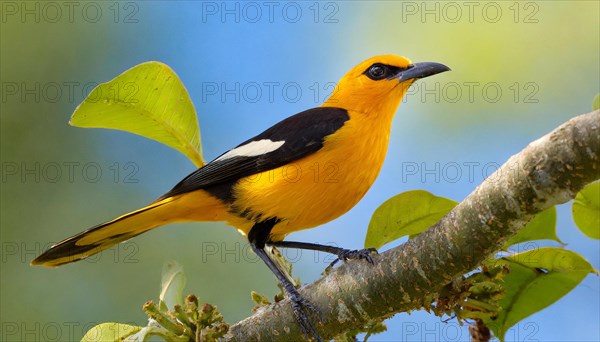 KI generated, animal, animals, bird, birds, biotope, habitat, one, individual, blue sky, foraging, wildlife, summer, seasons, eurasian golden orioles (Oriolus oriolus), oriole, tree, branch