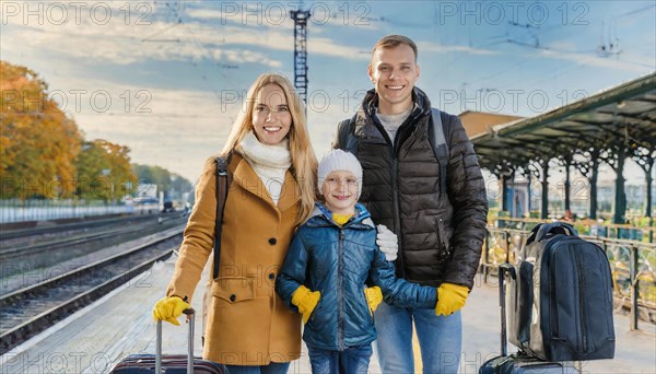 AI generated, A young family wants to travel and waits in the station for the train, 30, 35, years, blond, blonde, man, woman, child, children, 10, 12, modern, modern, suitcase, handbag, winter jacket, white, sneakers, shoes, sexy, attractive, attractive, long-haired, transport, traffic, three, people, family