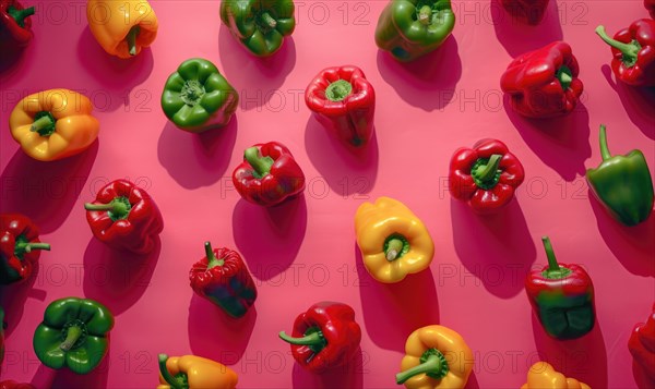 Red, yellow and green bell peppers pattern on pink background. Top view AI generated