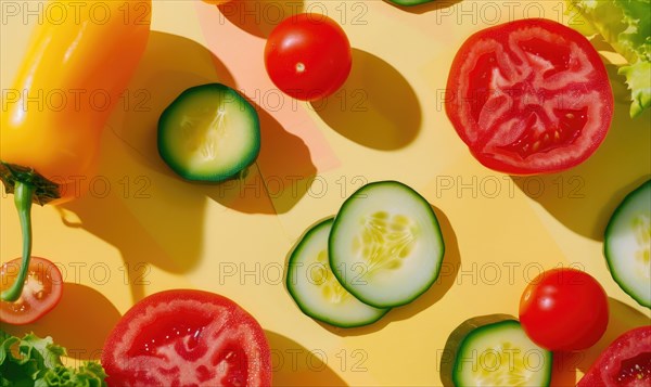 Cucumber, tomato and bell pepper on a yellow background. AI generated