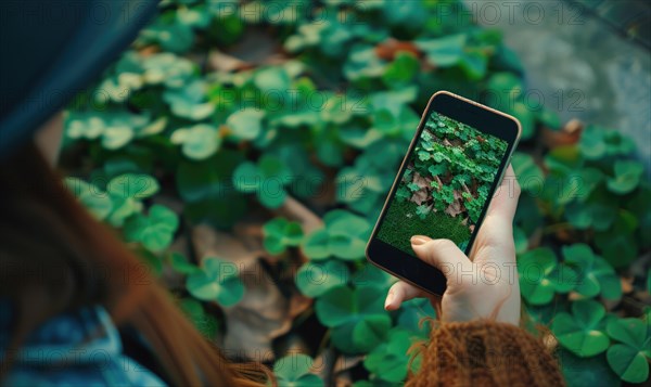 Woman taking photo of green clover leaves with smartphone in the garden. AI generated