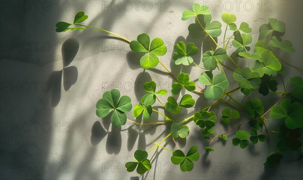 Green leaves of clover with shadow on the white wall. Top view. AI generated