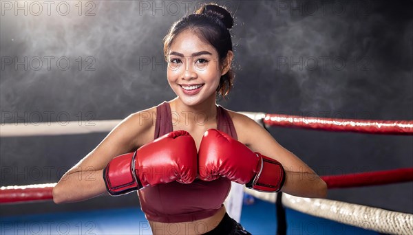 AI generated, woman, woman, 35, years, thai, thai, sport, boxing, gloves, thai boxing, muay thai, one person, portrait, athletic, fight, fighting, popular sport, thai boxer, boxing, boxing ring, thai woman