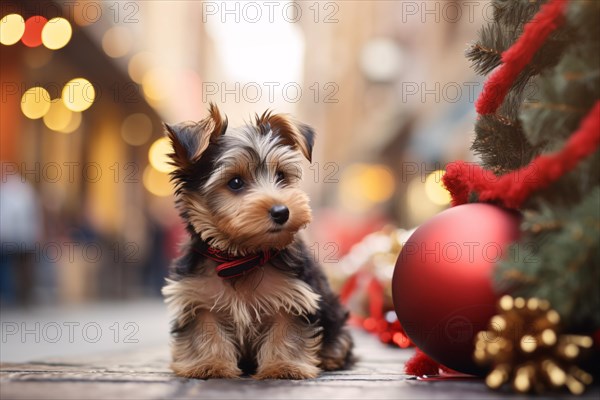 Cute small dog next to Christmas tree with huge red baubles in street. KI generiert, generiert AI generated