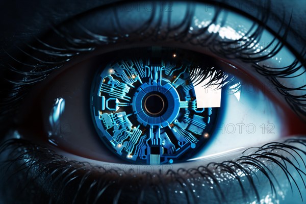 Close up of futuristic artificial intelligence robot eye or cybernetic human eye prothesis. KI generiert, generiert AI generated