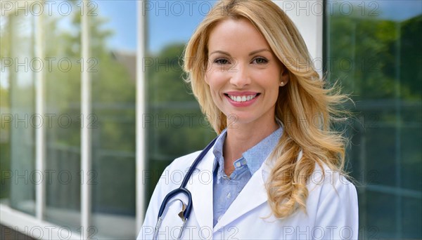 AI generated, A young pharmacist in her pharmacy, portrait, 30, 35, years, female, blonde, blond, blonde, beautiful teeth, smiles, long hair, profession, professions, medicines in the background