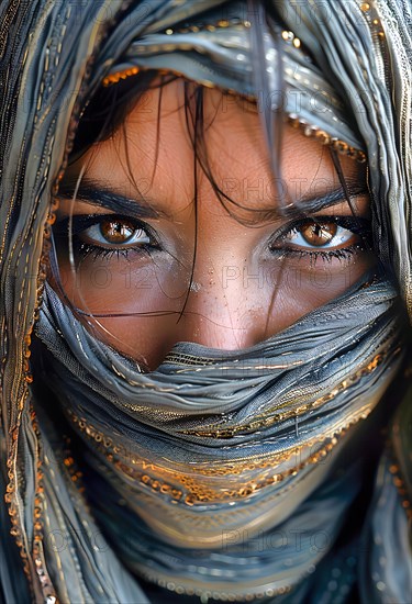 Young Muslim woman with expressive brown eyes and wearing a traditional headscarf called a hijab, AI generated, AI generated