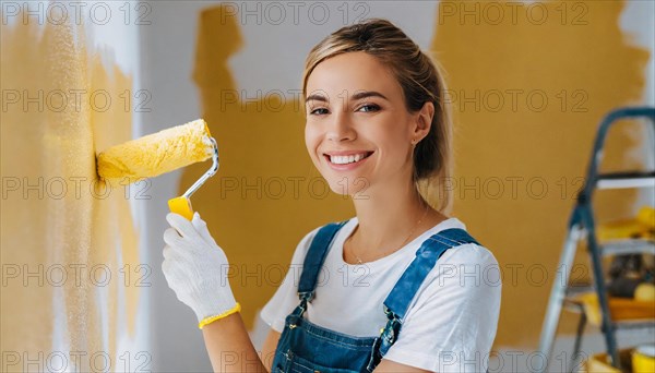 AI generated, woman, woman, a young girl paints a wall with new paint, yellow, yellow, renovation of old flat, paint roller, ladder, paint, 20, 25, years, one, one person, daughter, student, pastime, family, girl, smiling, smiling, fun at work, laughing, laughing, laughing, dungarees, jeans