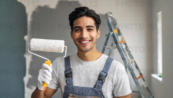 AI generated, man, men, a painter paints a wall with new white paint, father, renovation of old flat, paint roller, ladder, white, white paint, 25, 30, years, a, person, occupation, occupations, leisure activity, family, smiles, smiling, fun at work, laughing, laughing, laughing, friend, partner, man