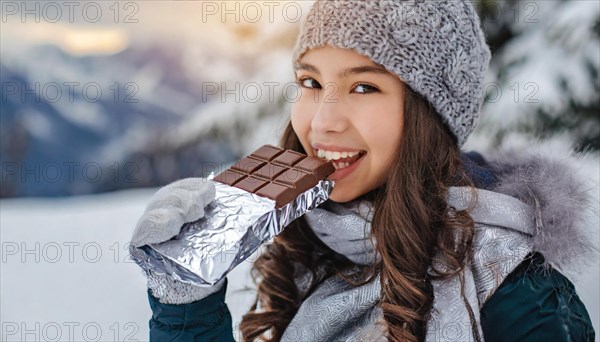 KI generated, Young girl, 15, years, eating a bar of chocolate, one person, outdoor shot, ice, snow, winter, seasons, eating, eating, hat, bobble hat, gloves, winter jacket, cold, coldness