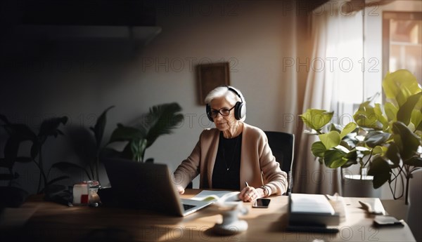 An elderly gray-haired woman in headphones works in the office at a laptop, AI generated